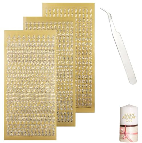 Bronzing Buchstabensticker, Kerzengoldsticker, Klebesticker, Buchstaben Zahlen Aufkleber, Kleine Buchstabenaufkleber für Harz, für DIY Handwerk Scrapbooking Kerzen, 3 Blätter