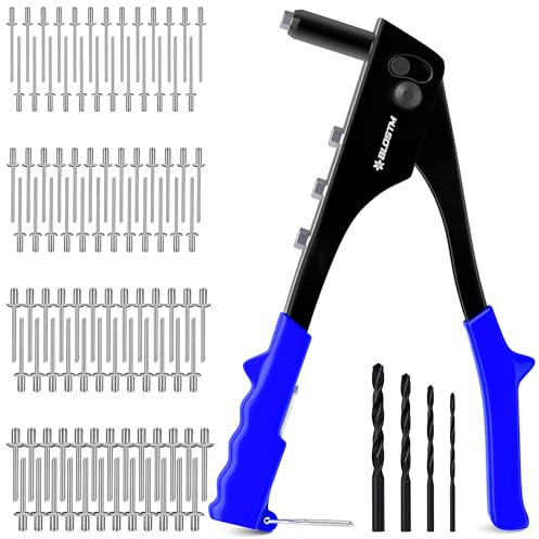 BLOSTM Kit de rivets pop – 100 rivets pop en 4 tailles (2,4 mm, 3,2 mm, 4 mm, 4,8 mm) – 4 nez de rivetage, 4 forets – Riveteuse manuelle pour métal, plastique, réparation automobile, meubles (bleu)