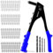 BLOSTM Pop Rivet Gun Kit - 100 PCS Pop Rivets in 4 Sizes (2.4mm 3.2mm 4mm 4.8mm) Pop Riveter Gun, 4 Rivet Nosepieces, 4 Drill Bits - Hand Riveter for Metal, Plastic, Auto Repairs, Furniture (Blue)