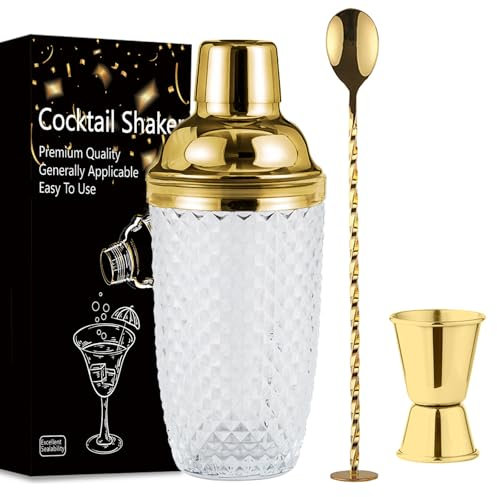 Chingcoo Cocktail Shaker 400ml Cocktailshaker Glas Shaker Gold Cocktail Mixer Schaufel Anfänger Barkeeper Kit mit Edelstahl Messbecher Schaufel für Zuhause Bar Fruchtsäfte Getränke
