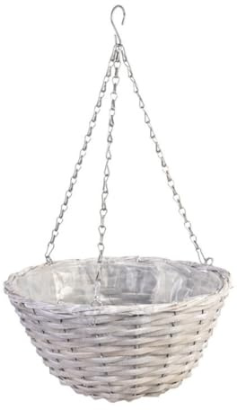 Peyca Cesto Colgante de Mimbre Natural con Cadena de Aluminio para Plantas. Macetero. Cestas Plantas Colgantes. Plantas de Interior y Exterior (Gris, 35x17cm)
