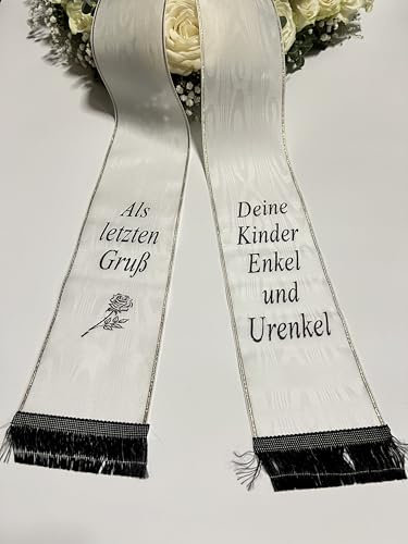 (17 Farbe Auswahl) Moire Trauerschleife mit Text personalisiert, Grabsgesteckband Bedruckt nach Wunsch, Urnen- Grabstrausschleife, Kranzschleife (Weiß, 75mm)
