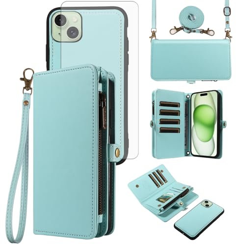 Asuwish Phone Case for iPhone 15 Plus 6.7 inch Zipper Wallet Detachable Cover with Tempered Glass Screen Protector Crossbody Lanyard Strap Flip Card Holder Slot i Phone15 15+ i15 + 15Plus Green