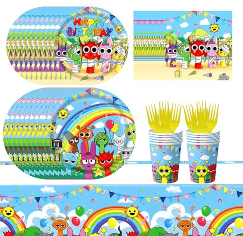 PEAJPBS Stoviglie di Cartoni Animati per Feste, Stoviglie per Feste di Sprunki, Stoviglie per Compleanni Cartoon, Piatti Tovaglioli Bicchieri di Carta Tovaglie, 61PCS