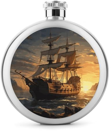 Flasque circulaire portable en acier inoxydable avec motif de bateau de pirate, pour camping, pêche, fête de mariage, 150 ml
