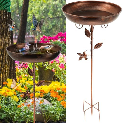 GWCYMYD Bain d'oiseaux en fonte pour jardin, 80 cm, support de bain d'oiseaux en métal avec piquet de base à 5 broches, bol d'alimentation vintage pour extérieur, jardin, terrasse, cour, pelouse