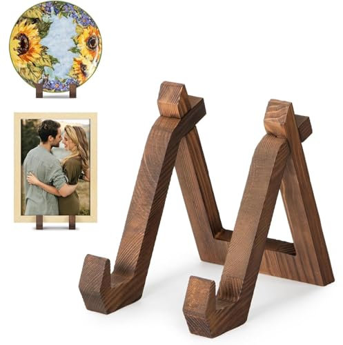 QOTSTEOS Plate Display Stand, Wooden Plate Holder Decorative Easel Frame Holder Display Board Rack for Photo, Platter, Recipes, Picture(COLOR:Brown)