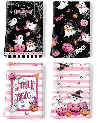 Arquiel Halloween Geschirrtücher 4 Stück, Küchentücher 100% Baumwolle Kürbis Cartoon Rosa Geist Küchenhandtuch Set Multi-Purpose Hochwertige Trockentuch 48 x 70CM