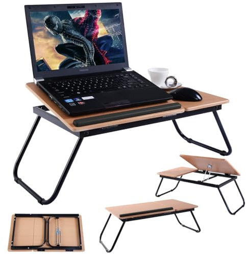 COSTWAY Laptoptisch klappbar, 4-Fach höhenverstellbar, Betttisch Notebooktisch faltbar, Betttablett Lapdecks, Arbeitstisch aus MDF, Metall, Tisch fürs Bett Sofa Boden, 55 x 32 x 23 cm (Natur+Schwarz)