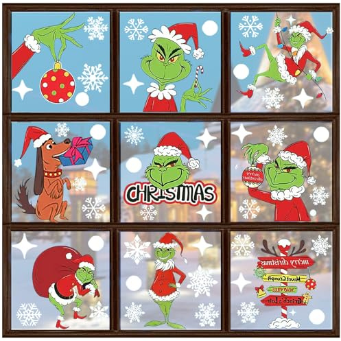 Grinch Weihnachten Fensterbilder 9 Blatt, Fensterbilder Weihnachten Selbstklebend, Grinch Winter Fenster Weihnachten Deko, Tiere Schneemann Wehnachten Deko Aufkleber, für Fenster Vitrine Schaufenster