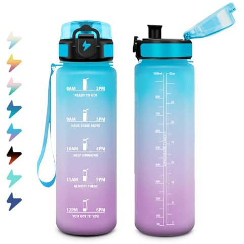 Trinkflasche 1L, Kohlensäure Geeignet, Sport Wasserflasche mit Filte, Einhandöffnung, Auslaufsicher, Motivierende Trinkflasche mit Zeitmarkierung, Sportflasche Perfekt für Camping, Fahrrad, Büro