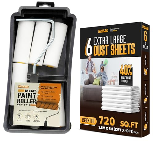 7 Pcs Paint Roller Set with 6X Large Plastic Dust Sheets – Complete Painting Kit with Rollers, Brushes, Trays, Masking Tape & Plastic Sheets for Walls, Ceilings & Furniture Protection
