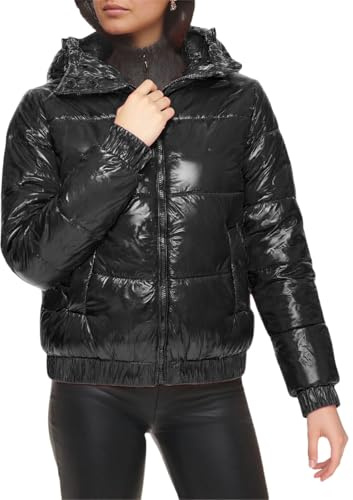 Generisch Damen Kurze Steppjacke in glänzender Lack-Optik - Leichte Puffer-Jacke mit Kapuze | Modische und wetterfeste Übergangsjacke