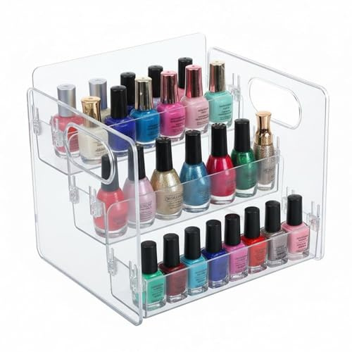 Punorric Stepped Clear Nail Polish Storage Holder 3-Tier, Acrylic Varnish Organiser with Handles, Display Rack for Essential Oil Perfume Lipstick