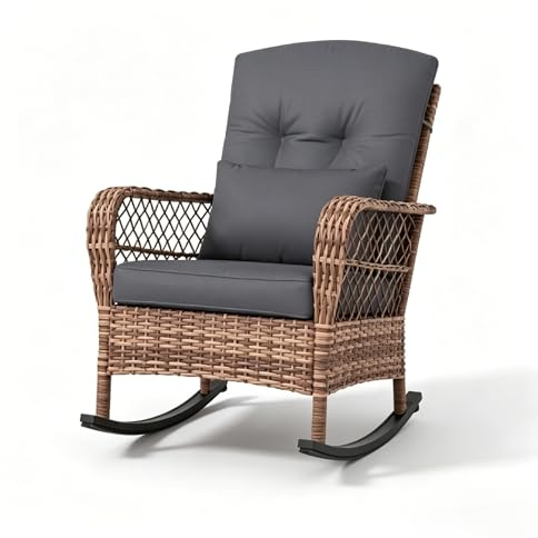 Aptliton 1 chairs-Piece Rattan Patio Rocking Chair – Cushions & Pillows, Wicker Garden Conversation Sofa – All-Weather, Outdoor Use Grey