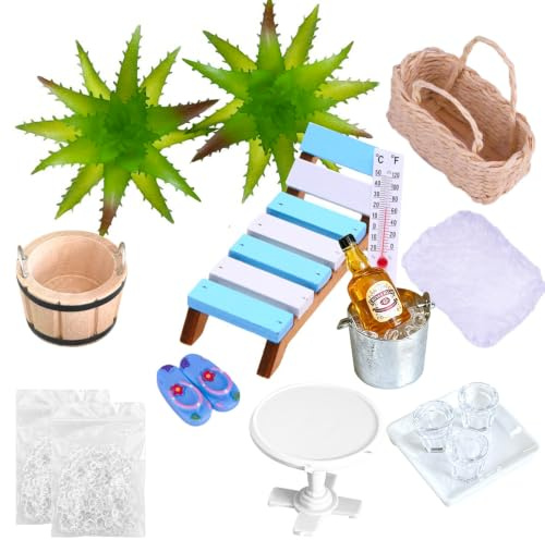 ZUYIST Miniatur Deko Sauna Zubehör, 17 Teile Wellness Deko Zubehör | Stranddekorationen Deko Strand und Meer Liegestuhl Mikrolandschaft für DIY Garten-Deko Puppenhaus Dekoration Foto-Requisiten