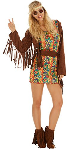 dressforfun Frauenkostüm Lady Freedom | Kurzes buntes Kleid inklusive Fransenweste und Haarband - XL