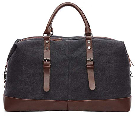 iRepie Reisetasche Weekender Multifunktion Umhängetasche Handgepäck Schultertasche für Wochenende aus Canvas PU Leder Retro Sporttasche Travel Bag Canvas Bag Unisex Holdall (Schwarz)