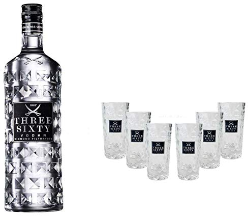 Three Sixty Set Geschenkset ? Three Sixty Vodka Wodka 1L 1000ml (37,5% Vol) + 6x Shotgläser Glas 2 und 4cl geeicht- [Enthält Sulfite]