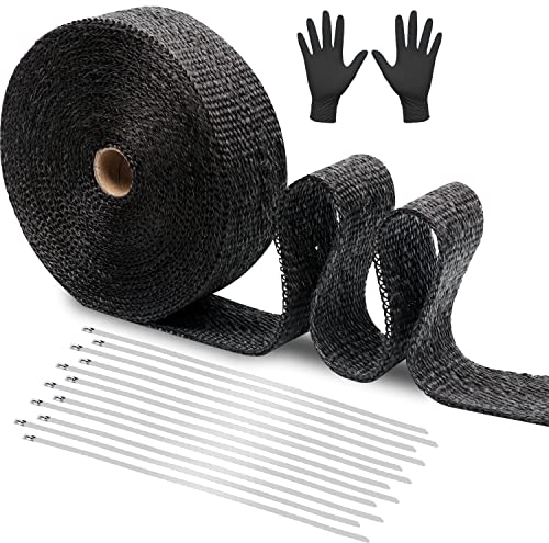 GLKEBY Bande Isolant Thermique 10MX50mm, Ceinture de Tissu de Fibre de Verre Noire Ignifuge de Conservation de Chaleur Anti-brûlure, avec 12 Attaches de câble en Acier Inoxydable + Gants