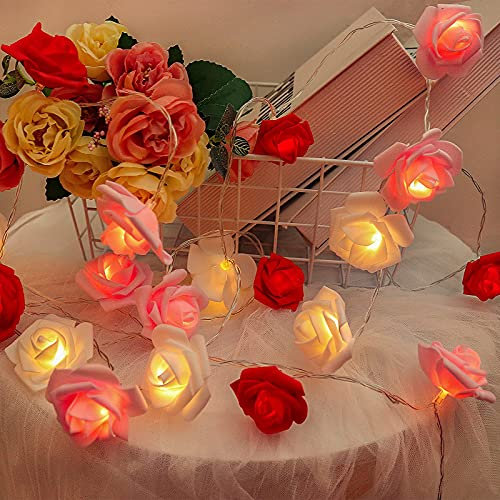 RECUTMS Rose String Lights,9.8 Ft 20 LED Artificial Flower Garland Fairy Battery Operated Light for Valentine's Day Wedding Mother's Day Anniversary Decor Presents for Girls(Red+Pink+White)