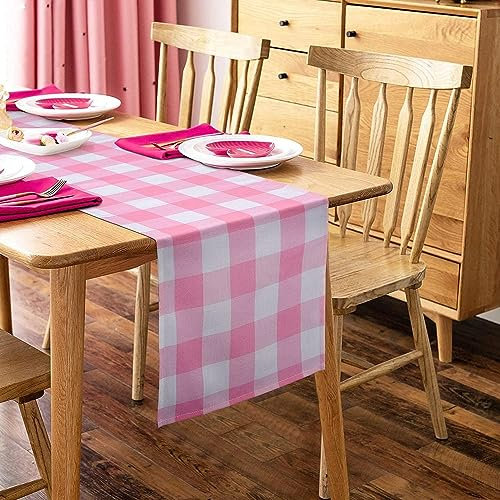 Chemin de table épais à carreaux de buffle, rose et blanc, 33 x 182,9 cm, nappe vichy durable, pour cuisine rustique, vacances, fête, anniversaire, mariage, Saint-Valentin, décoration de pique-nique