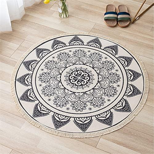 EXQULEG Teppiche Mandala Runde Teppiche, Boho Teppiche mit Quasten, Handgewebte Baumwolle Teppiche für Schlafzimmer Wohnzimmer Hausdekor (007,90 x 90cm)