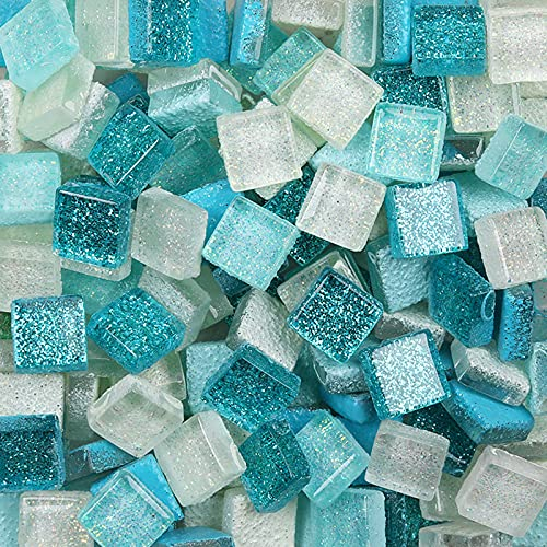 200g Tesselles en Verre Colorées Carreaux de Mosaïque Verre en Carrée Morceaux Verre de Mosaïque pour Loisirs Créatifs, Décoration, 1x1cm(Bleu ciel)