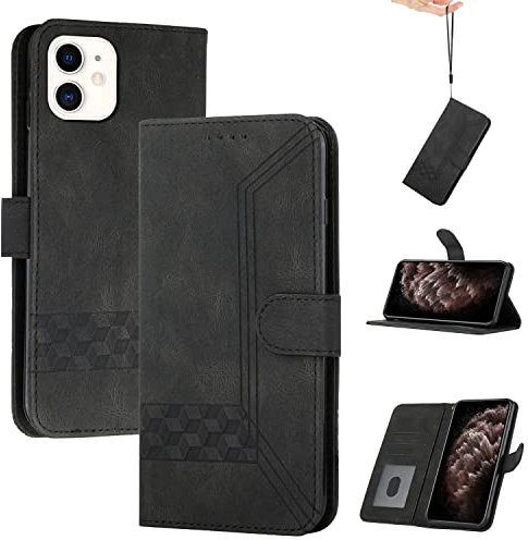 Genlision Flip Custodia in Pelle PU Premium per iphone 12 mini(5.4),Custodia Sottile in Pelle per Telefono,con Supporto Stand,Slot per Schede e Chiusura Magnetica-Nero