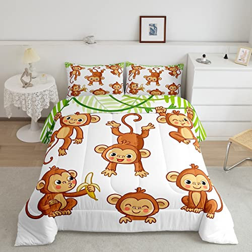 Feelyou Kinder-Bettwäsche-Set mit niedlichem Affenmotiv, Cartoon-Affe, Banane, Dekor, Tröster für Kinder, Jungen, Mädchen, Wildtier-Muster, Steppdecken-Set mit natürlichen Wildtieren,