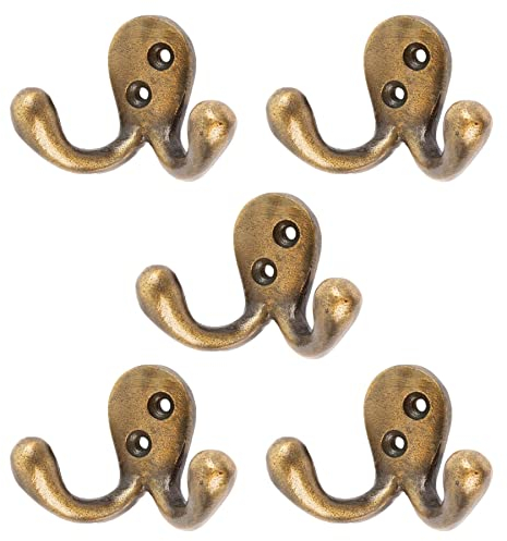 Hammer and Tongs 5X Brass 70mm x 50mm Double Coat Hook - Cast Iron Vintage Antique Wall Mounted Hanger