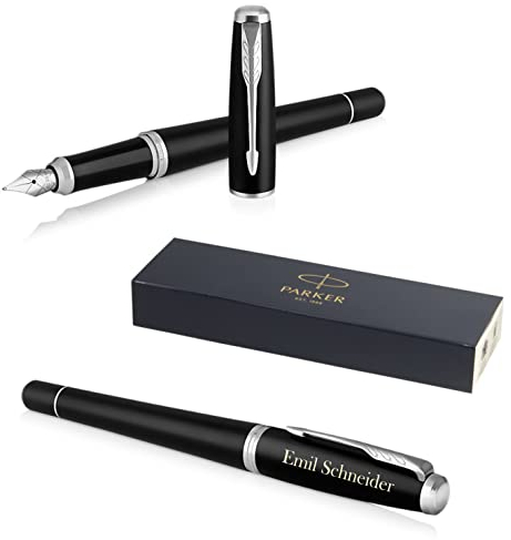 PARKER Urban Füllfederhalter mit Gravur | Premium Stift | Geschenkbox | blaue Tinte | personalisiertes Geschenk | Namen | graviert | Füller | Geburtstag | Geschenkidee (Muted Black C.C.)