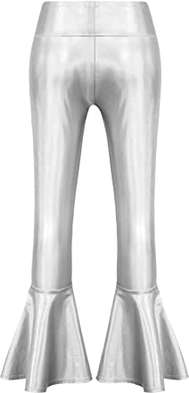 iiniim Kinder Mädchen Hosen Schlaghose Glänzende Metallic Latein Tanzhose Jazz Hip Hop Glocken Hose Leggings Tanz Performance Silber 134-140