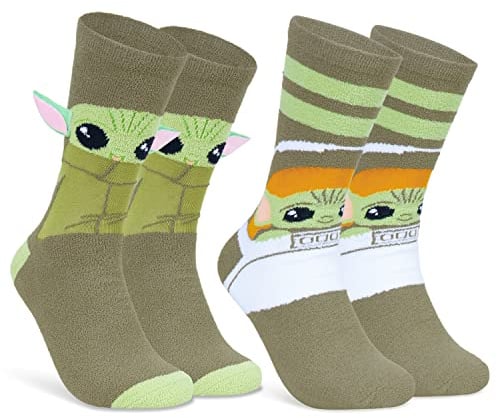 Disney Chaussettes Femme Pilou, 2 Paires Chaussettes Antidérapantes Femme Stitch Mickey Minnie Baby Yoda (Vert Mandalorian)