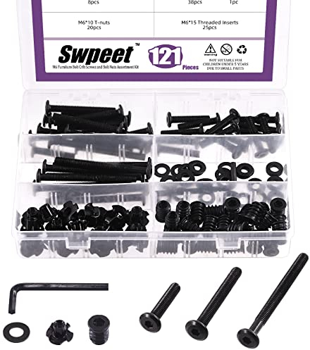 Swpeet Juego de 121 unidades de surtido de unidades hexagonales negras de acero al carbono, 4 tipos M6 de acero al carbono, tornillos hexagonales y tuercas roscadas con tuerca en T, 4 tuercas ciegas y