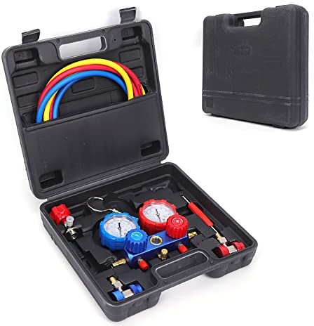 2-Wege Monteurhilfe Klimaanlage,Kältemittel Manifold Messgerät Set Klimaanlage Werkzeuge mit Schlauch und Haken für R134a R22 R12 R404A R410A R502