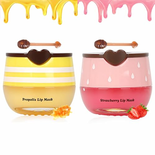 Bee Balm Honey Pot Lip Balm, Honey Strawberry Lip Mask, Propolis Moisturizing Lip Balm with Stick - Hydrating Prevention Dry and Cracked Lip Scrubs Exfoliato Lip 2 Pack