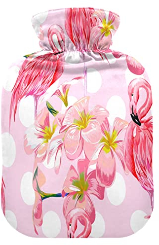 Mnsruu Flamingo Vogel Polka Dots Blume Wärmflasche mit Samtbezug, 1 l transparenter Wärmbeutel zur Linderung von Handschmerzen, Wärme- und Kältetherapie, Krämpfe