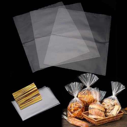 200 sachets en cellophane 21x30/17x25/15x20/10x15cm Sacs de bonbons transparents avec rubans métalliques pour pain, biscuits, cadeaux d’invité pour anniversaire d’enfant (25cm*35cm)