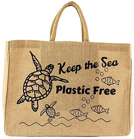 Domelo Einkaufskörbe. Bedruckte Einkaufstasche. Jute Tasche groß. Korbtasche, wasserabweisenden Strandtasche. Jutetaschen Shopper als Shopping bag. Nachhaltige Tragetasche (keep the sea free)