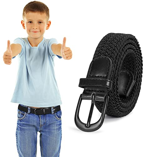 WHIPPY Geflochtener Kinder Gürtel für Jungen Mädchen Elastischer Stoffgürtel Gewebte Stretch Gürtel für Teenager Junioren,Schwarz,75cm