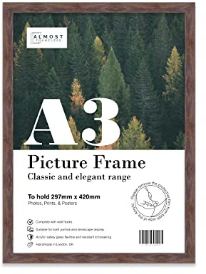 Almost Frameless A3 Walnut Picture Frame Fits A3 (29.7 x 42cm - 11.7 x 16.5in) Poster, Photo, Artwork, or Print. Thin Edge Slim Frame Portrait and Landscape Display with Wall Hooks
