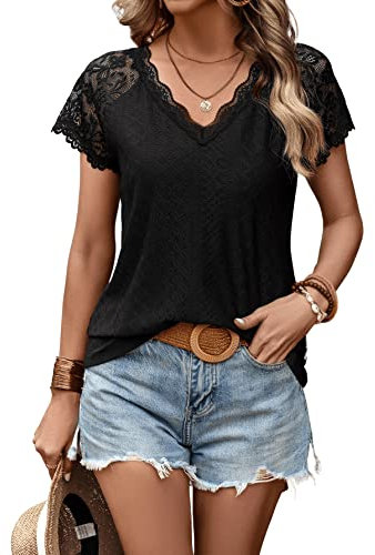 GORGLITTER Damen Spitzenkontrast T-Shirt Sommer Oberteil Spitzenärmel Tops Sommershirt Casualtee Kurzarmshirt Tunika Schwarz M