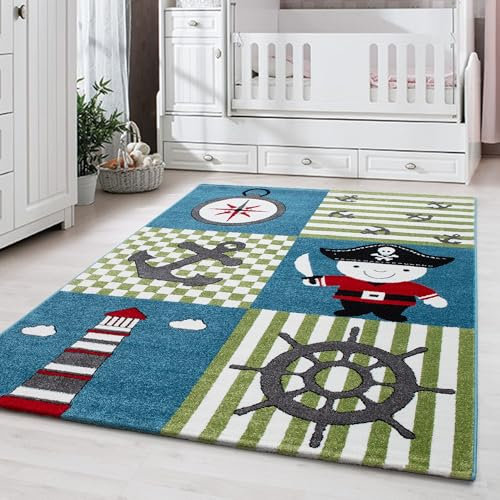 Carpetsale24 Kinderteppich Modern Piraten-Design Multicolor 160 cm Rund - Kurzflor Teppich Kinderzimmer Waschbarer Babyteppich Spielteppich für Junge und Mädchen Extra Weich und Antiallergen Runder