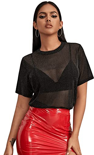 GORGLITTER Mesh Oberteile Damen Durchsichtig Netzoberteil Tops Festival Oberteil Glitzer Top für Outfit Party T-Shirt Schwarz L