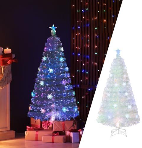COSTWAY Weihnachtsbaum Künstlich mit Beleuchtung, Tannenbaum mit bunten LED-Lichtern & Glasfaser & Sternspitze, Christbaum für Zuhause Büro Geschäfte Hotels, Weiß (150 cm)