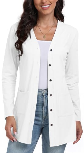 DEARCASE Cardigan da Donna A Tinta Unita in Maglia Leggera Aperto sul Davanti con Maniche Lunghe Bottoni E Tasche, Large White
