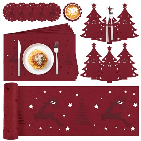 WIAZZLUK Weihnachtstischdecke, Weihnachts Tischläufer, 19 Stück Rot Weihnachten Weihnachtsläufer, Weihnachtstischläufer Platzset Weihnachten, Tischset Platzsets Platzdeckchen Bestecktasche Weihnachten