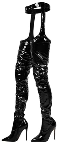 blingqueen Damen Overknee Chaps Stiefel Stiletto Chap Boots Metallic Lack Schwarz 37 EU