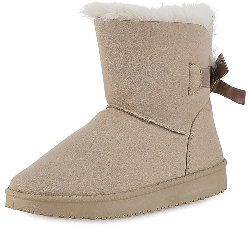 VAN HILL Schlupfstiefel Damen Zierperlen Stiefel Stiefeletten Warm Gefüttert 611515 Creme 40